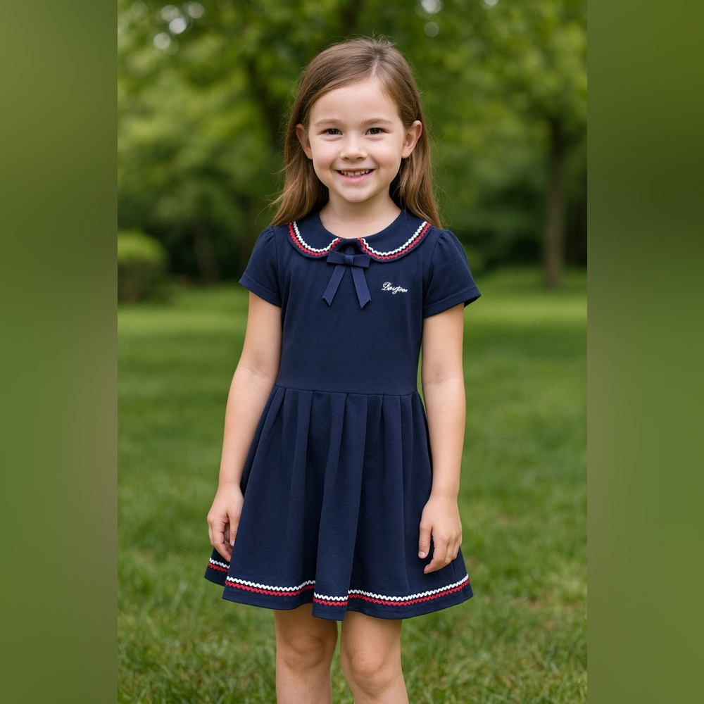 KUYEE BEAR Girl’s Navy Sailor Dress Bow Trim Red White Navy Size 12